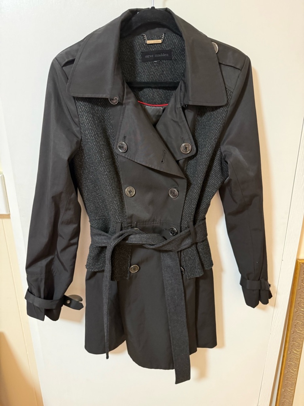Steve Madden Black Textured-Panel Double-Breasted Trench Coat